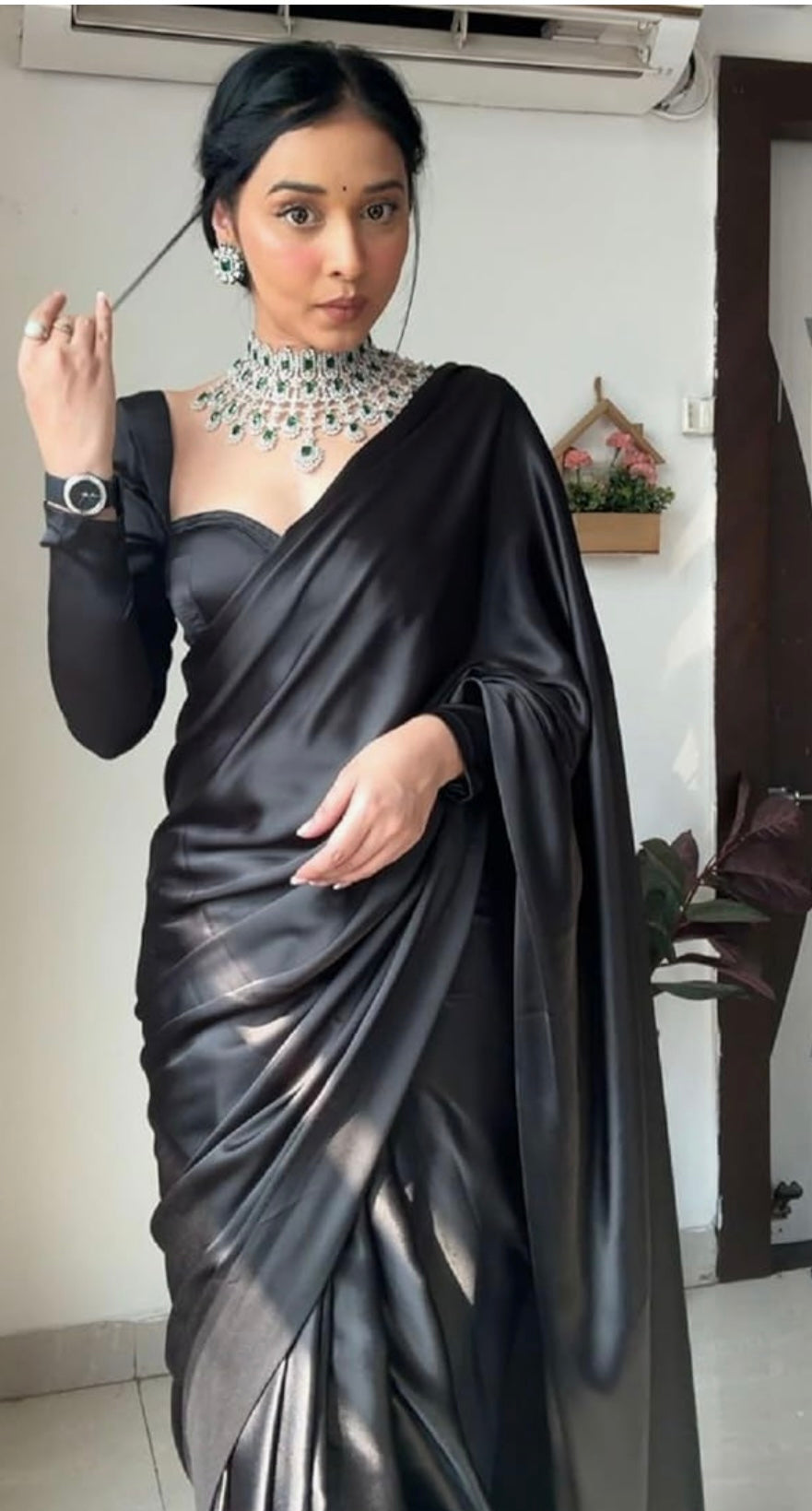 DA SAREE (BLACK) satin anr