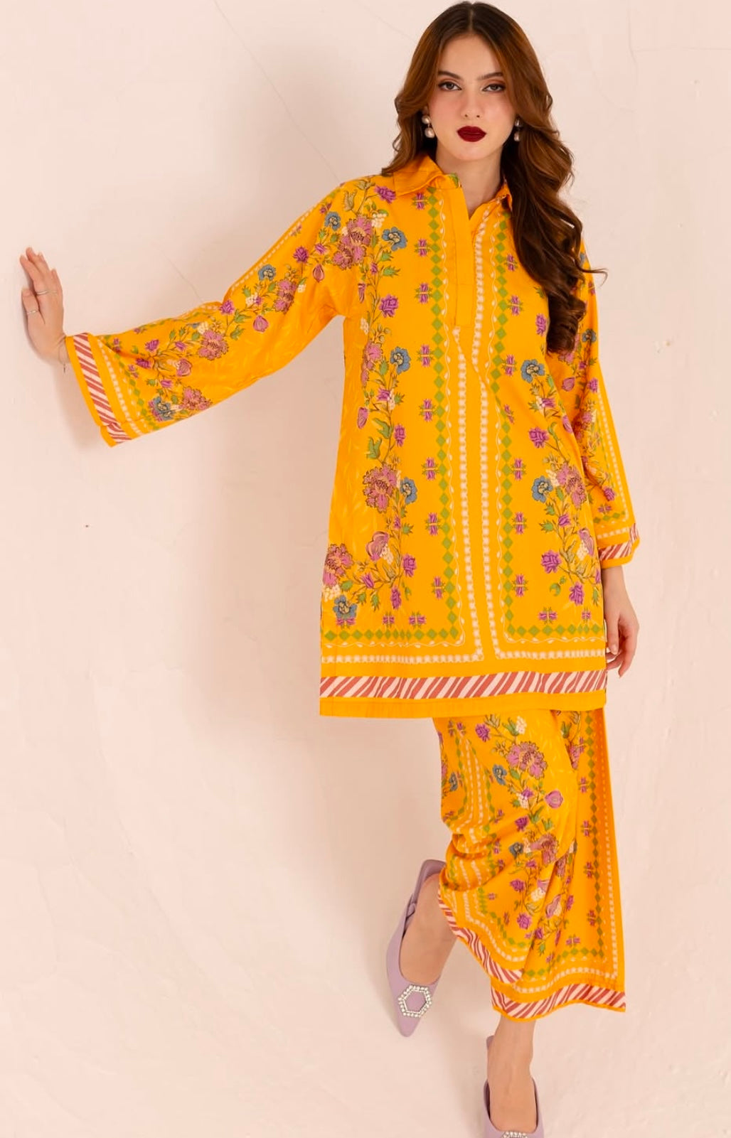 (AAISHA) mustard MUSLIN CO ORD SET pini