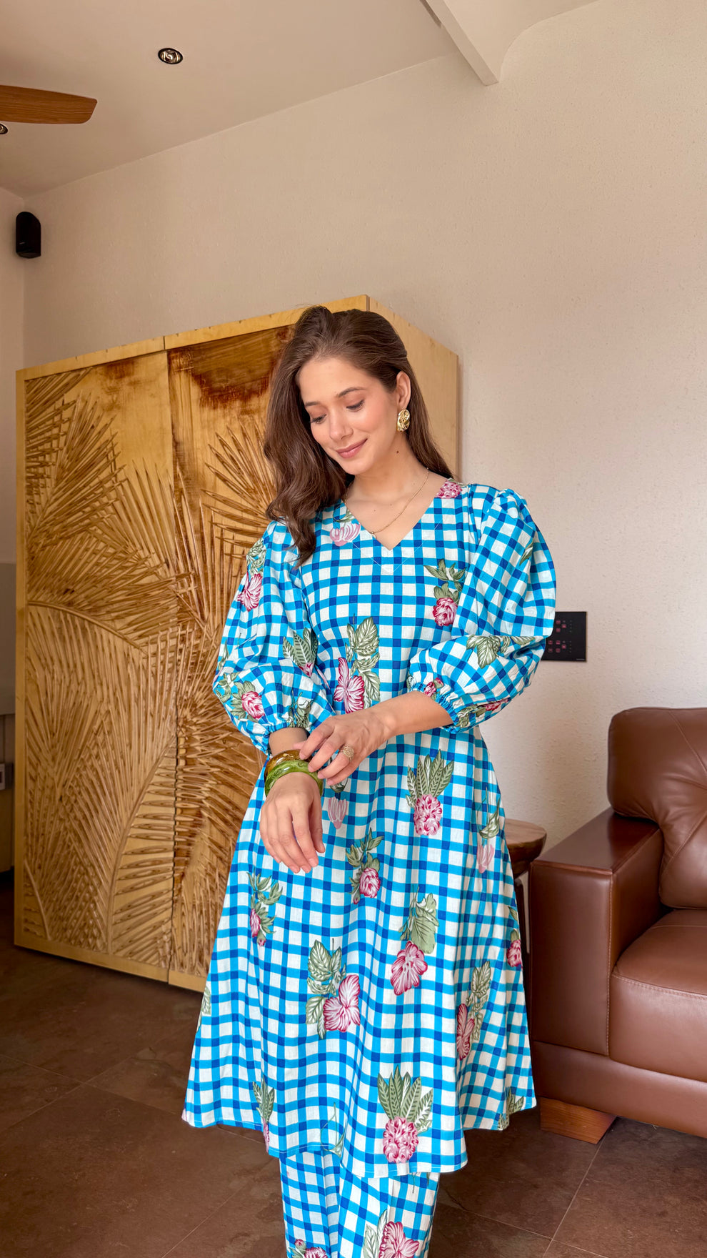 Blue check top and plazo set