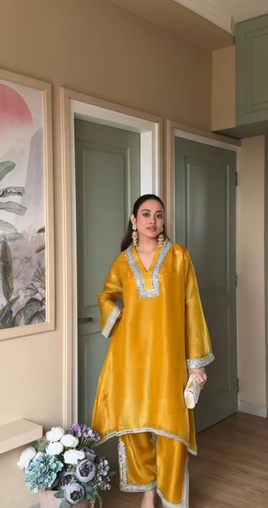 Sun yellow sparkle kurti n plazzo set