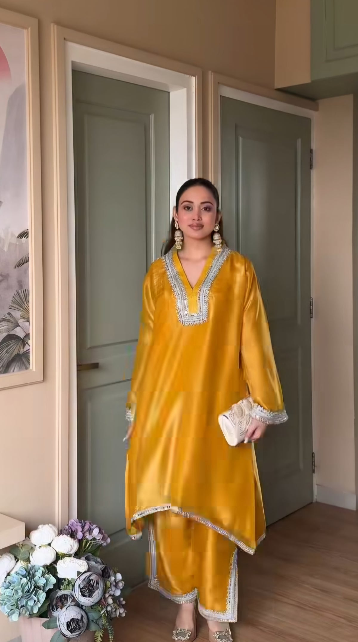 Sun yellow sparkle  kurti n plazzo set
