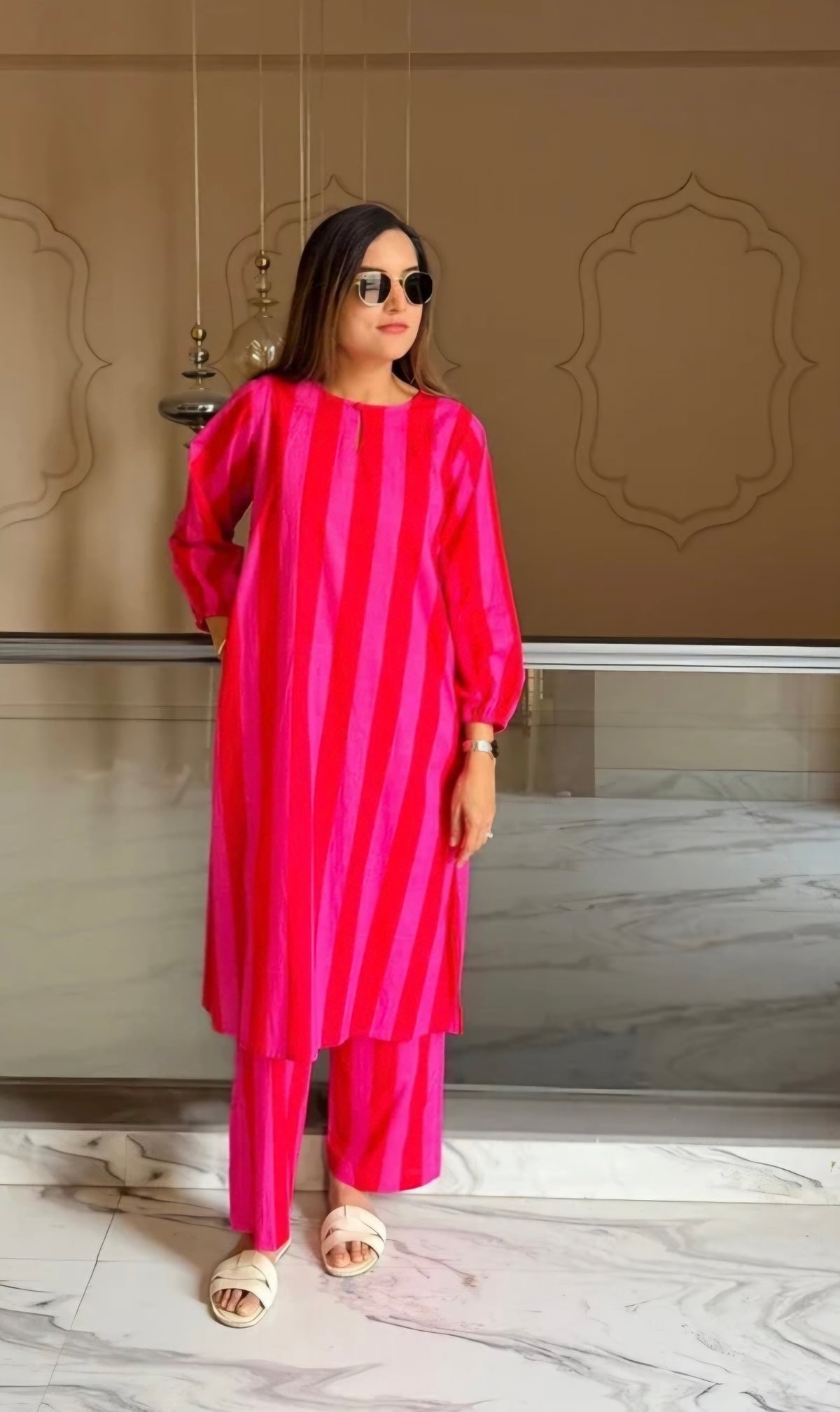 Pink pink lines top and plazo set