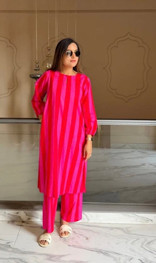 Pink pink lines top and plazo set