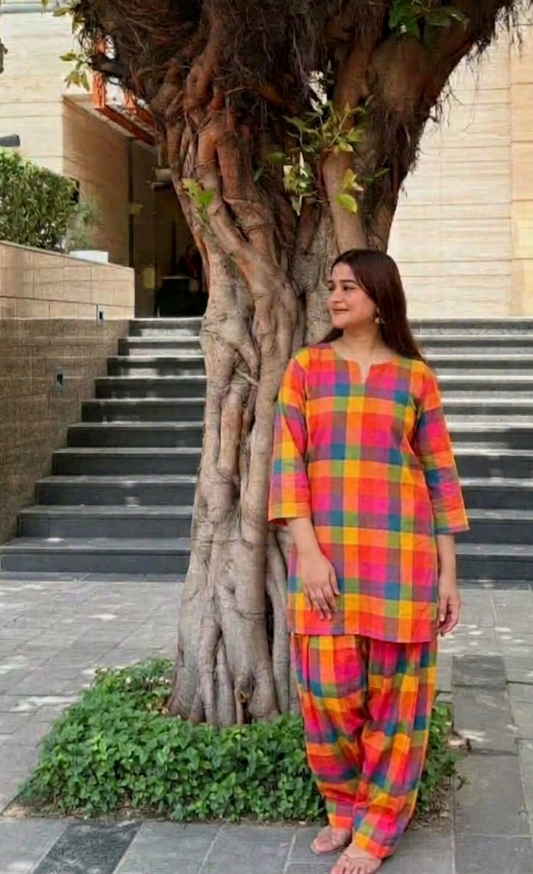 Multy chex top n farsi bottom co-ord set