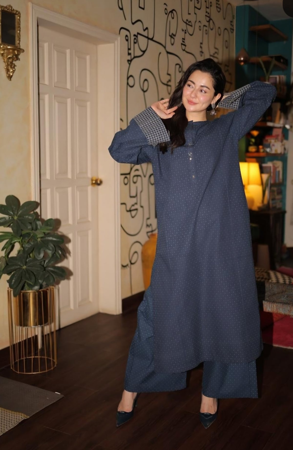 Hania blu check sleeve top and plazo set