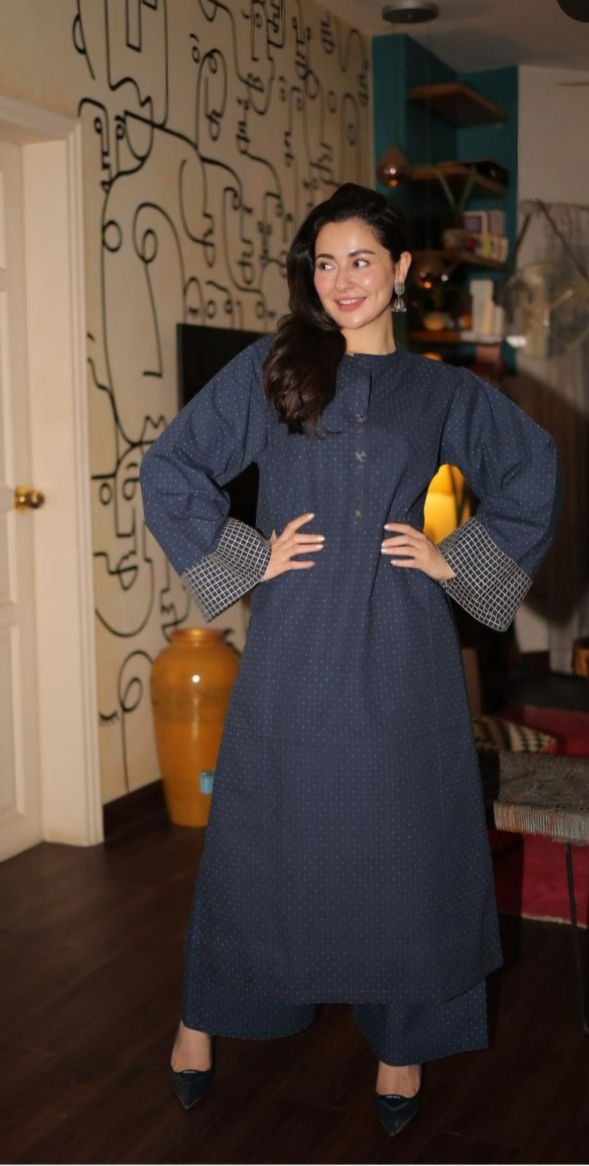 Hania blu check sleeve top and plazo set