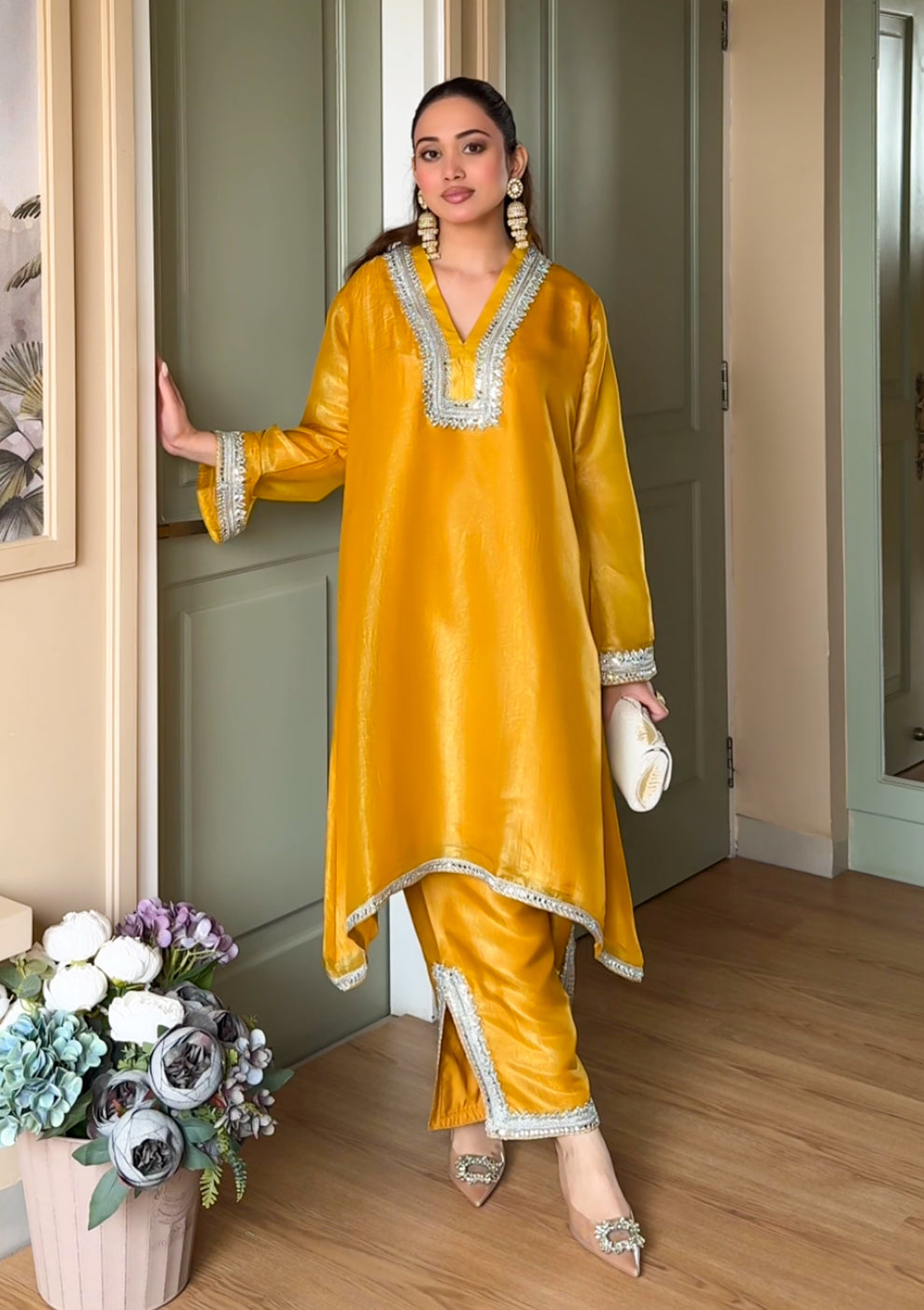 Sun yellow sparkle  kurti n plazzo set