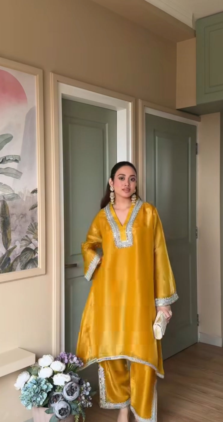 Sun yellow sparkle  kurti n plazzo set