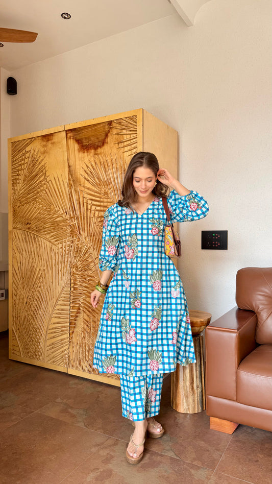Blue check top and plazo set