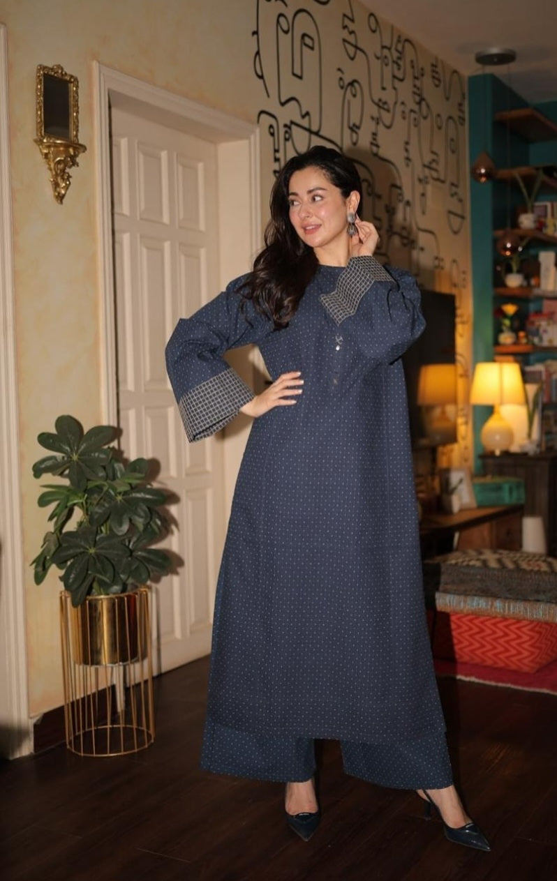 Hania blu check sleeve top and plazo set