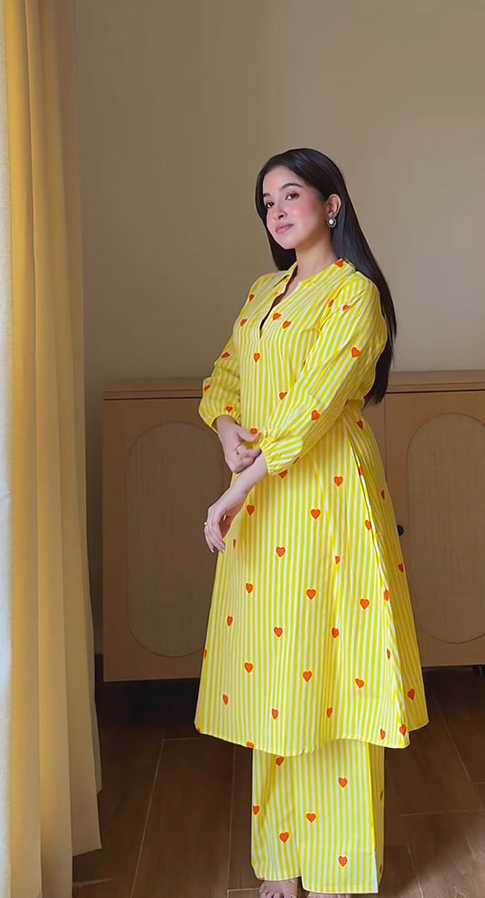 Yellow heart top and plazo set