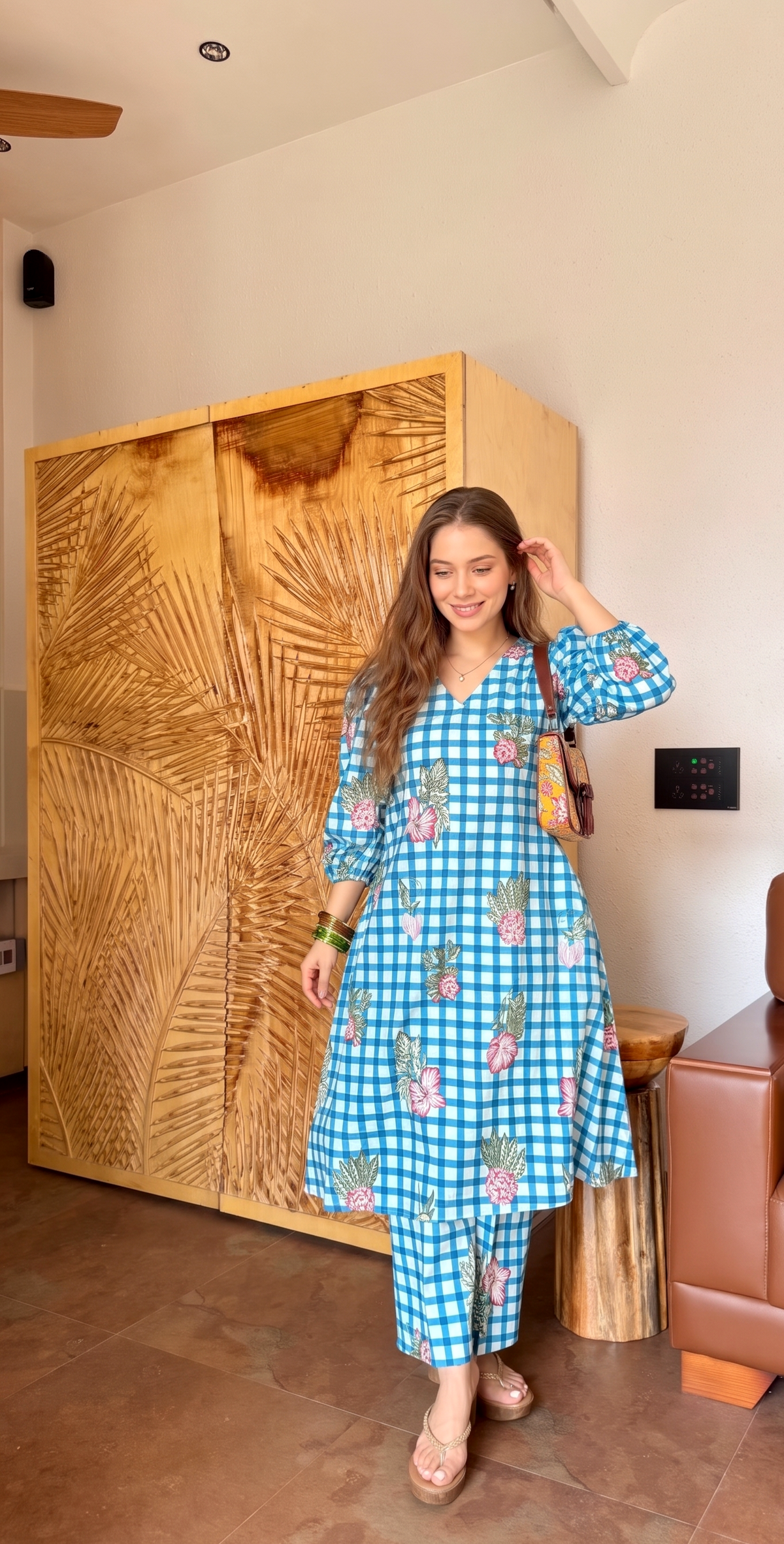 Blue check top and plazo set